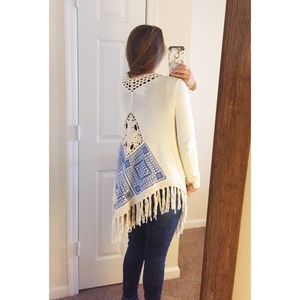 Blue & Cream Fringe Boho Cardigan